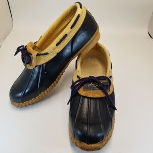 Chris Craft Womans Size 10 Black Rubber Duck Boots Shoes Tan Leather Gum Sole